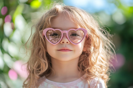 Portrait of a smiling little girl with curly blonde hair wearing pink heart shaped sunglasses in a park, enjoying a sunny summer dayの素材