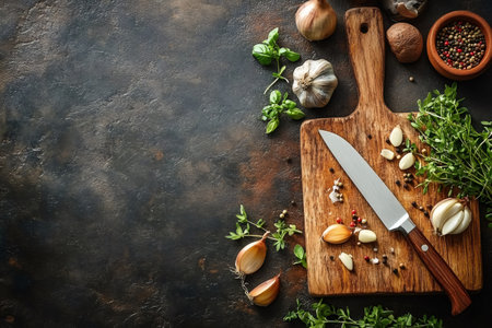 Fresh culinary herbs and spices on a dark rustic background with copy space for menu or recipeの素材