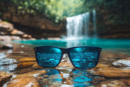 Sunglasses laying on rocks near water reflecting beautiful waterfall in tropical jungleの素材