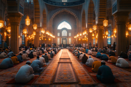 Worshipers kneeling on prayer rugs, engaging in salah within illuminated mosque during Ramadan, demonstrating unity and devotionの素材