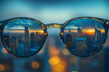 Eyeglasses reflecting New York City skyline at sunset, showcasing urban landscapeの素材
