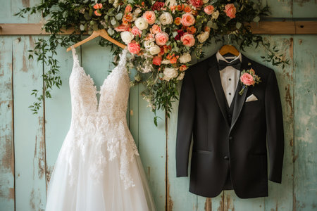 Elegant white wedding dress and groom's suit hanging on a rustic barn wall with a beautiful floral arrangement, ready for the big dayの素材