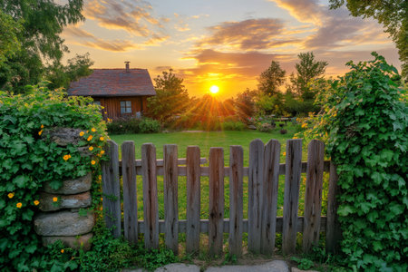 Golden hour sunlight bathes a picturesque rural landscape, highlighting a cozy cottage nestled behind a weathered wooden fenceの素材