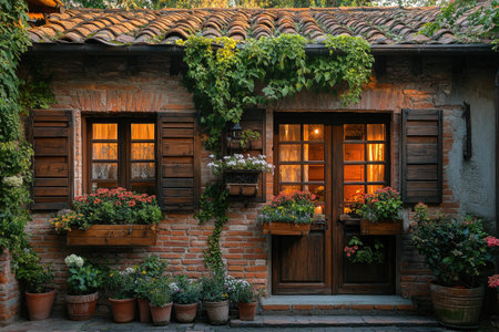 Warm light emanates from the windows of a charming cottage adorned with vibrant flower boxes and climbing vines, creating a cozy ambianceの素材
