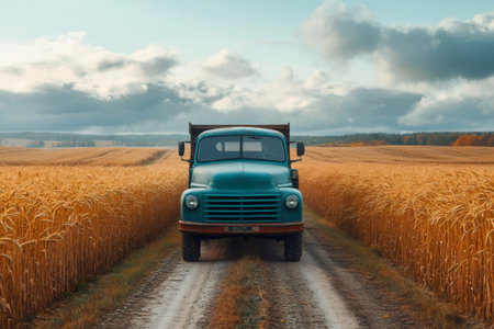 Vintage turquoise truck driving on a dirt road through golden wheat field under cloudy sky, evoking nostalgia and rural charmの素材