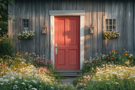 Vibrant red door stands out against a weathered wooden facade, adorned with flower boxes and illuminated by the warm glow of sunset, with a colorful flower garden leading the wayの素材