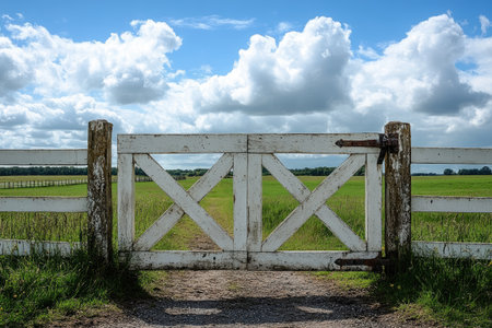 Scenic view of a white wooden gate leading to a lush green meadow under a beautiful cloudy sky, creating a peaceful rural landscapeの素材