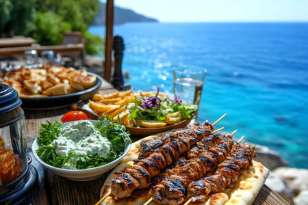 Grilled chicken souvlaki served with pita bread, french fries, fresh salad, and tzatziki sauce, creating a delightful seaside dining experienceの素材