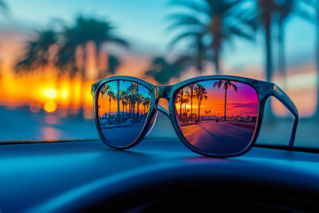 Sunglasses on car dashboard are reflecting beautiful sunset with palm treesの素材
