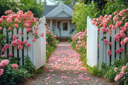 Gravel pathway covered with pink rose petals leading to a charming house through a white picket fence gate, creating an idyllic and romantic sceneの素材