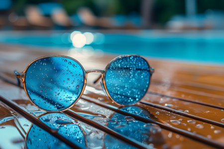 Stylish blue sunglasses with water droplets sit on a wet wooden deck by the pool, evoking a refreshing summer atmosphereの素材