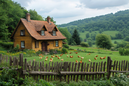 Free range chickens graze peacefully on a lush green field in front of a charming wooden farmhouse, nestled in a picturesque valleyの素材