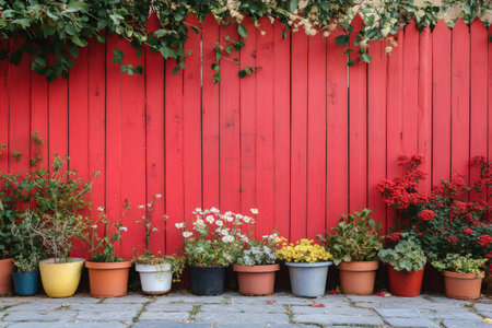 Colorful flower pots decorating the front of a house with a bright red picket fenceの素材