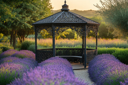 Wrought iron gazebo standing in a fragrant lavender field, creating a peaceful and romantic scene during a beautiful sunsetの素材