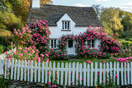 Beautiful white cottage covered in vibrant pink roses, creating a picturesque and idyllic scene of rural tranquilityの素材