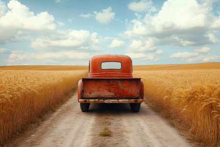 Vintage red pickup truck driving down a dirt road through a golden wheat field under a summer skyの素材