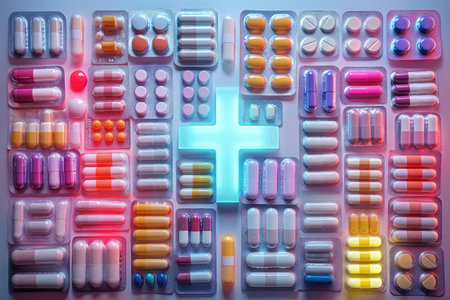 Diverse pills arranged in a cross pattern with vibrant lightingの素材
