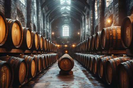 Oak barrels aging wine in a traditional winery cellar, representing the winemaking process and the production of alcoholic beveragesの素材
