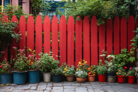 Colorful flowers growing in pots in front of a bright red picket fence in a gardenの素材