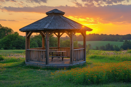 Wooden gazebo with sunset view over lush green fieldsの素材