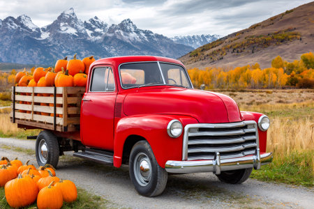 Vintage red truck loaded with pumpkins on a dirt road during fall season in Grand Tetonの素材
