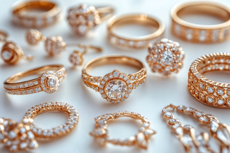 Set of luxury gold diamond rings, earrings and other jewelry shining on white backgroundの素材