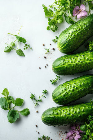 Fresh cucumbers arranged with herbs and spices on a white background, creating a vibrant culinary sceneの素材