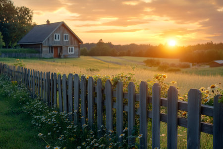 Idyllic countryside landscape with wooden fence, wildflowers and house at golden hourの素材