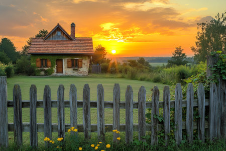 Golden sunset illuminating charming countryside home behind weathered wooden fence, creating a peaceful and idyllic sceneの素材