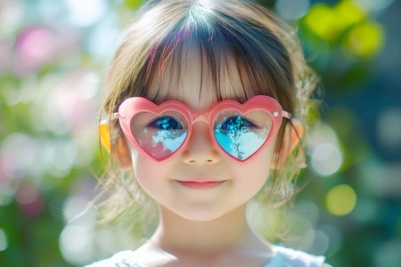 Cute little girl enjoys a sunny day in the garden, wearing stylish heart-shaped sunglassesの素材