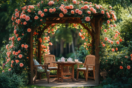 Wooden gazebo adorned with vibrant roses in a lush garden settingの素材