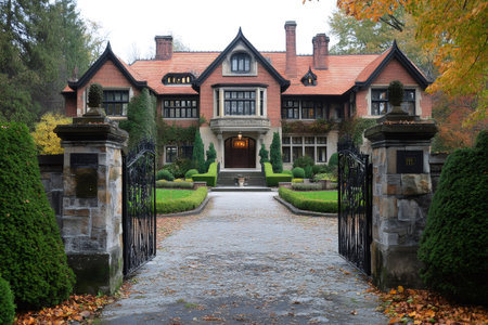 Luxurious mansion with open gates showing cobblestone driveway in autumnの素材