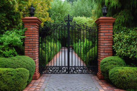 Elegant black, wrought iron gate welcoming visitors to a beautiful garden with brick pillars and topiary bushesの素材