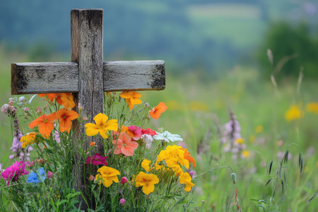 Wooden cross amidst colorful wildflowers in a serene meadowの素材