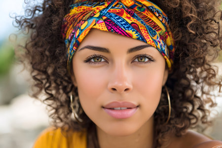 Young woman with curly hair and a colorful headscarf is looking at the cameraの素材