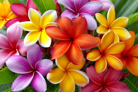 Plumeria flowers showcasing a beautiful spectrum of colors in a natural, lush settingの素材