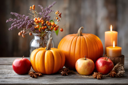 Table setting featuring pumpkins, apples, a floral arrangement, and lit candles for fallの素材