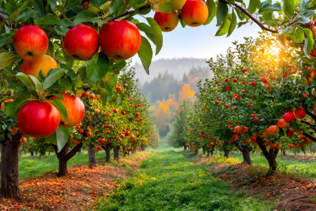 Apple trees laden with ripe red fruit in an orchard during harvest seasonの素材