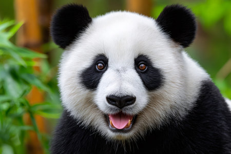 Giant panda showing a happy facial expression with its mouth openの素材