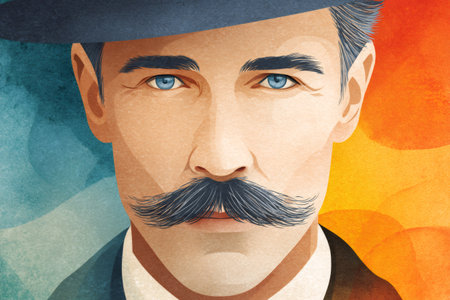 Man with blue eyes and mustache wearing a hat, facing forward against a colorful backgroundの素材