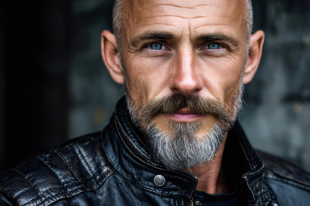 Mature man with gray beard and blue eyes wearing a black leather jacketの素材