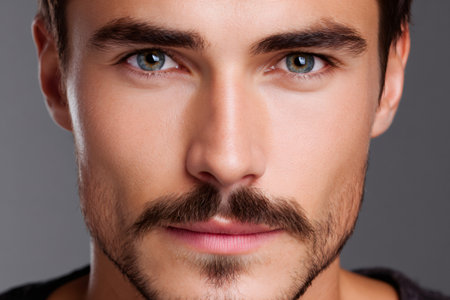 Male face portrait close up with blue eyes and facial hair on a gray backgroundの素材