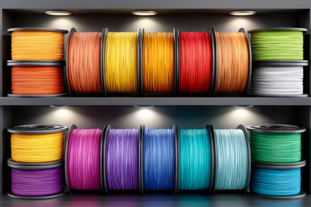 Rows of colorful plastic filament spools creating a rainbow display on a dark shelfの素材