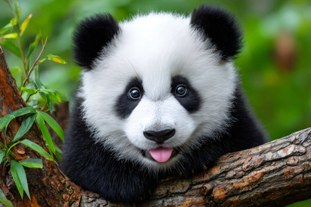 Young panda cub resting on a tree branch sticking out its pink tongueの素材
