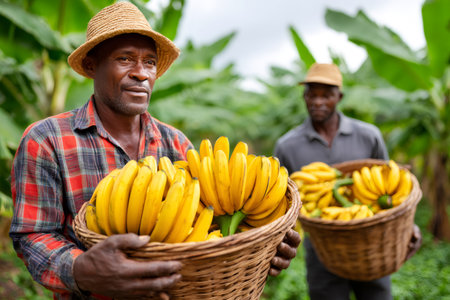 Two African farmers carrying baskets full of ripened bananas in a lush plantationの素材