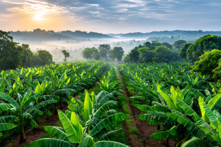 Banana plants growing in fertile ground with sunlight piercing through morning mistの素材