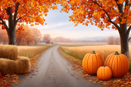 Autumn landscape showing pumpkins, hay bales, and fall leaves along a rural roadの素材