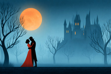 Romantic silhouette of a couple in vintage clothing embracing at night with a full moon and castle in the backgroundの素材
