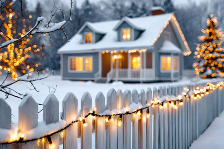 Picket fence with golden string lights in front of a snow covered houseの素材