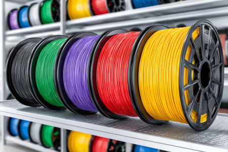 Rows of colorful plastic filament spools for 3d printers, representing various material optionsの素材